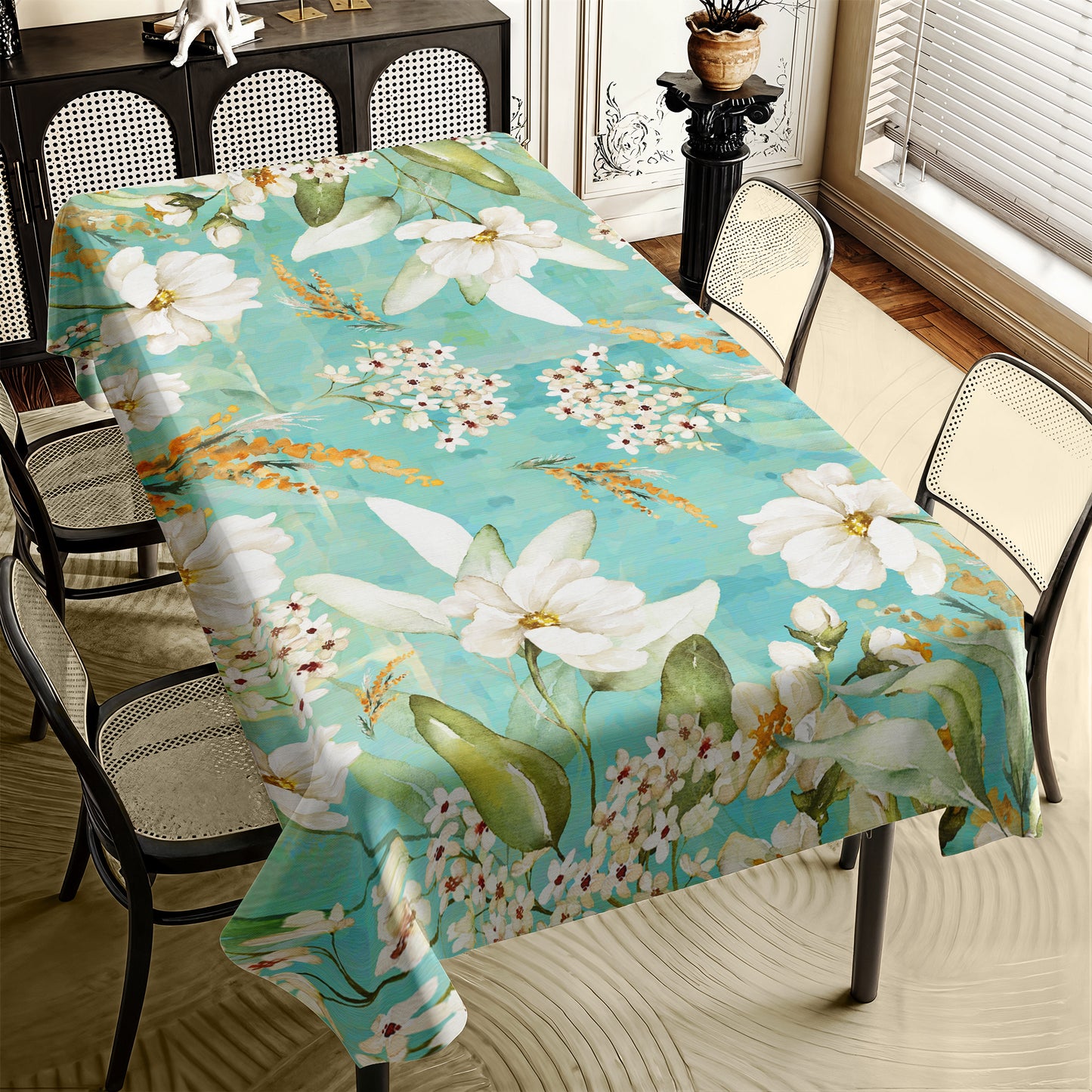 Pastel Teal Flower Pattern Rectangle Tablecloth by Mark van Vuuren