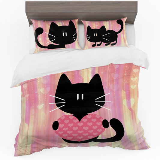 Black Cat on Pink Duvet Cover Set