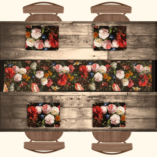 Colourful Roses on Black Runner and Placemats Combo
