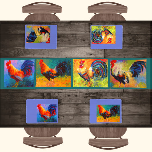 Colourful Painted Roosters Runner and Placemats Combo