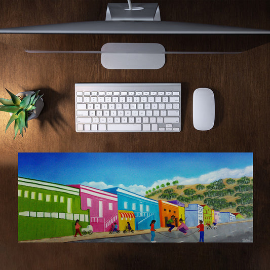 Colourful Strip Buildings by Marthie Potgieter Large Desk Pad