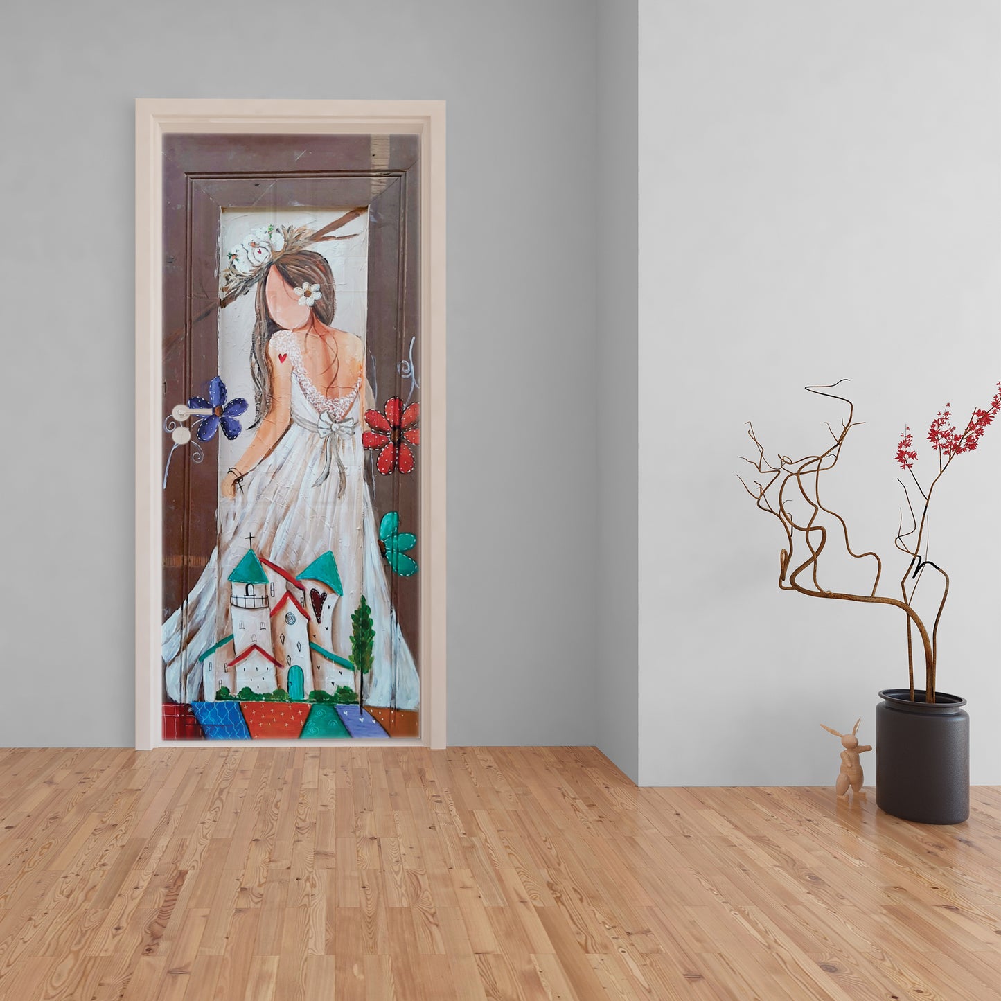 Colourful Hilltop House Lady Decoupage by Lanie's Art (800mm x 2000mm - Door)