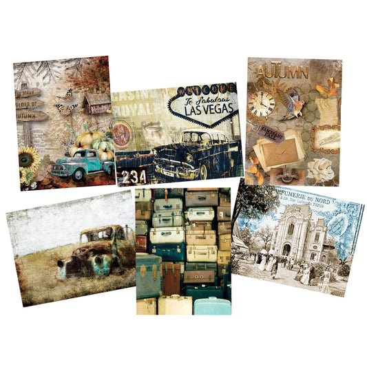 Decoupage Tear Resistant Transfers - Mix of Vintage Cars and Postcards A4 or A5