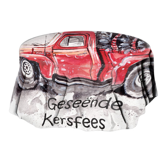 Geseende Kersfees Getting a Tree Round Tablecloth By Kristin Van Lieshout