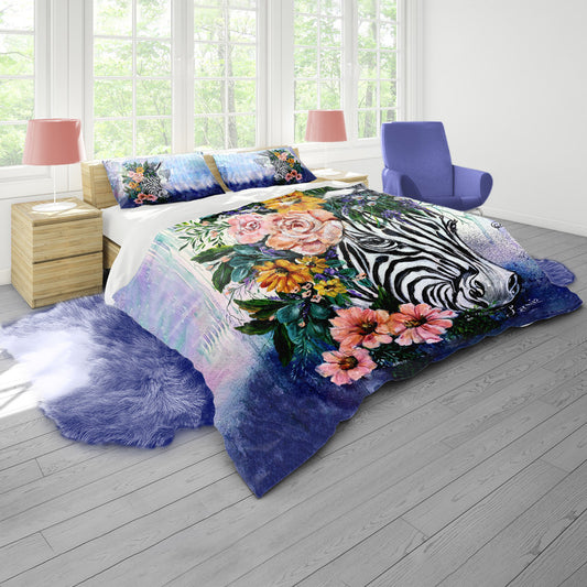 Zebra Floral By Lanie's Art Duvet Cover Set