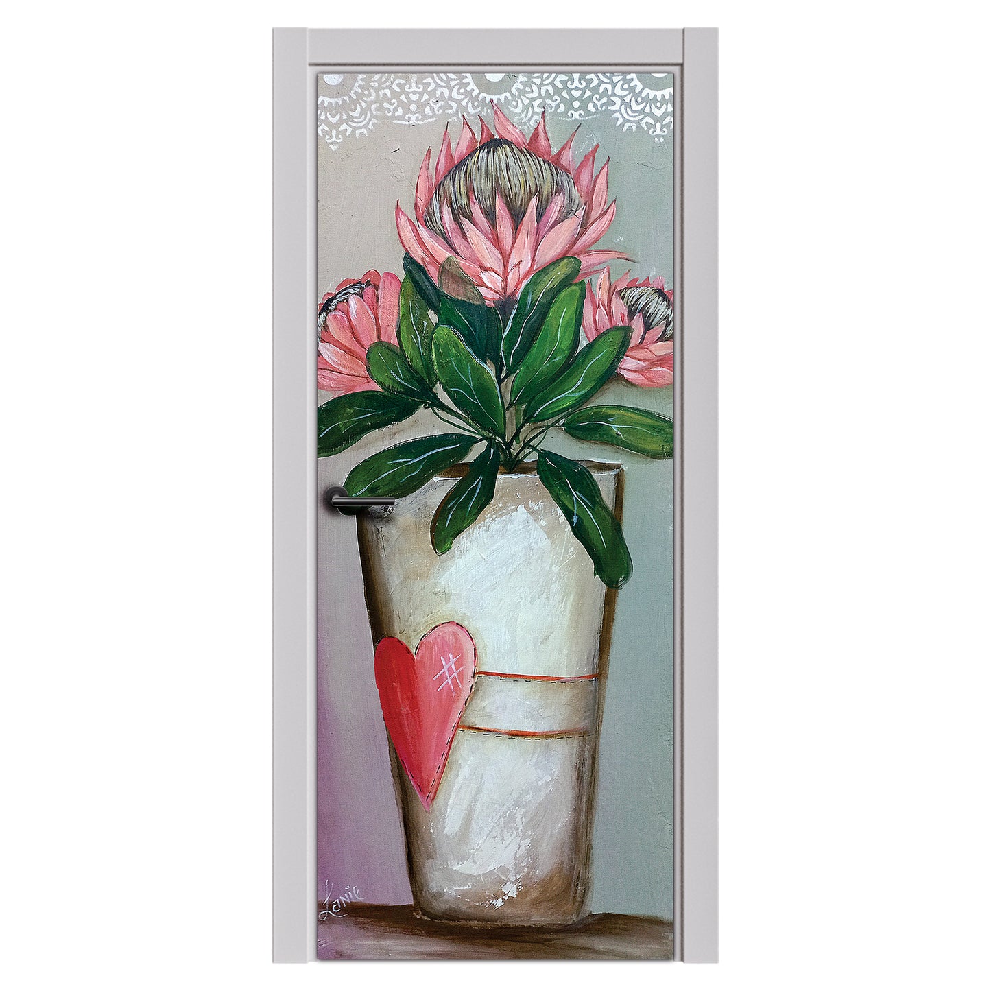 Decoupage - Big Heart 3 Potted Proteas Door By Lanie’s Art