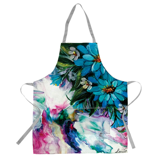 Ink White And Blue Flowers Medium Length Apron by Lanie's Art