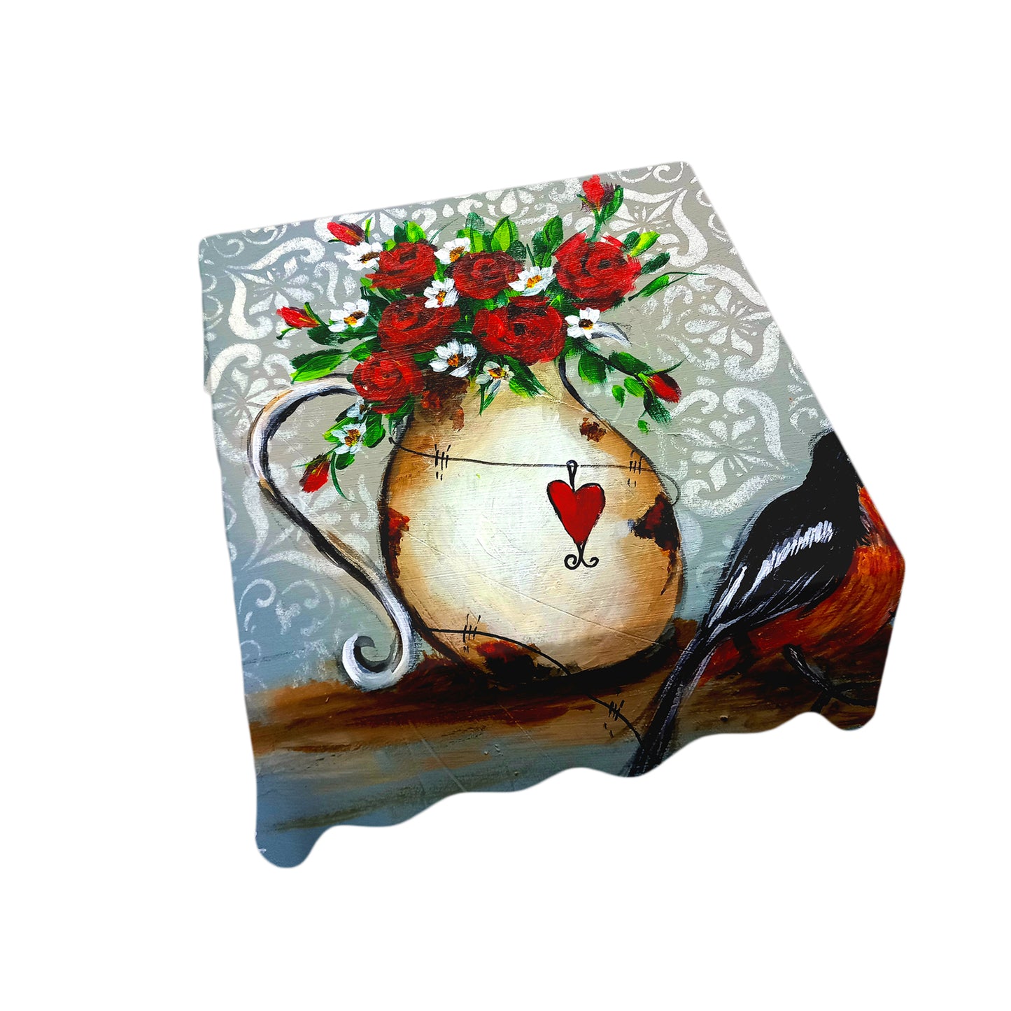 Red Roses & Black Bird Square Tablecloth By Lanie’s Art