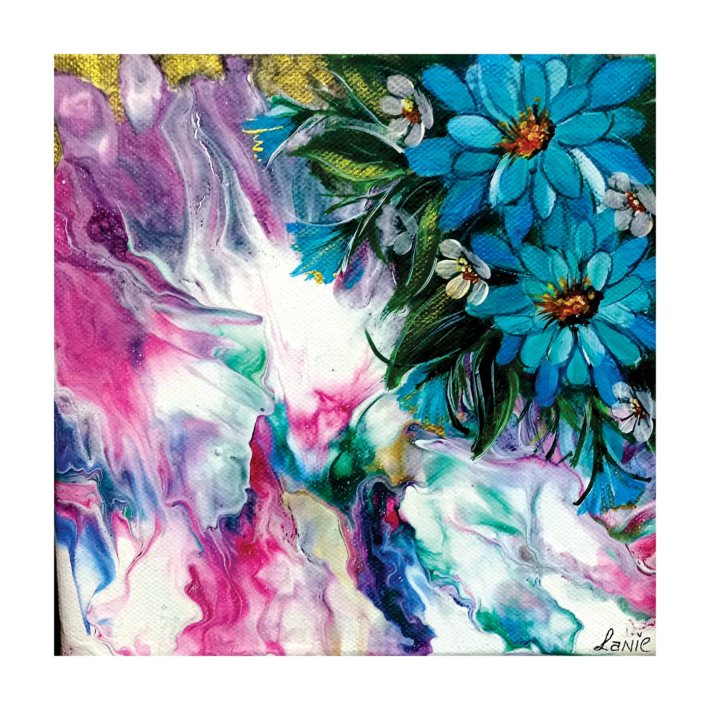 Decoupage - Blue Flowers on Pink Spill 1m x 1m By Lanie’s Art