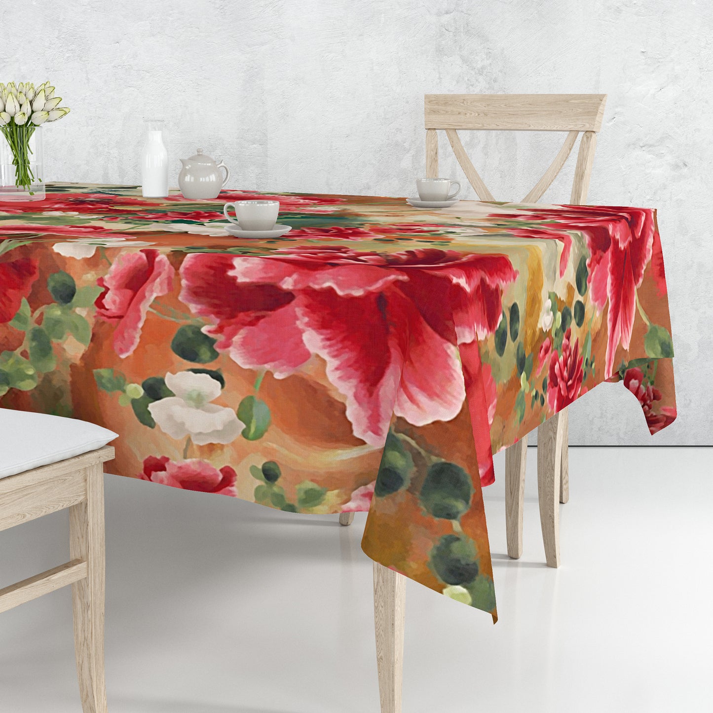 Painted Red Blooming Floral Rectangle Tablecloth By Mark Van Vuuren