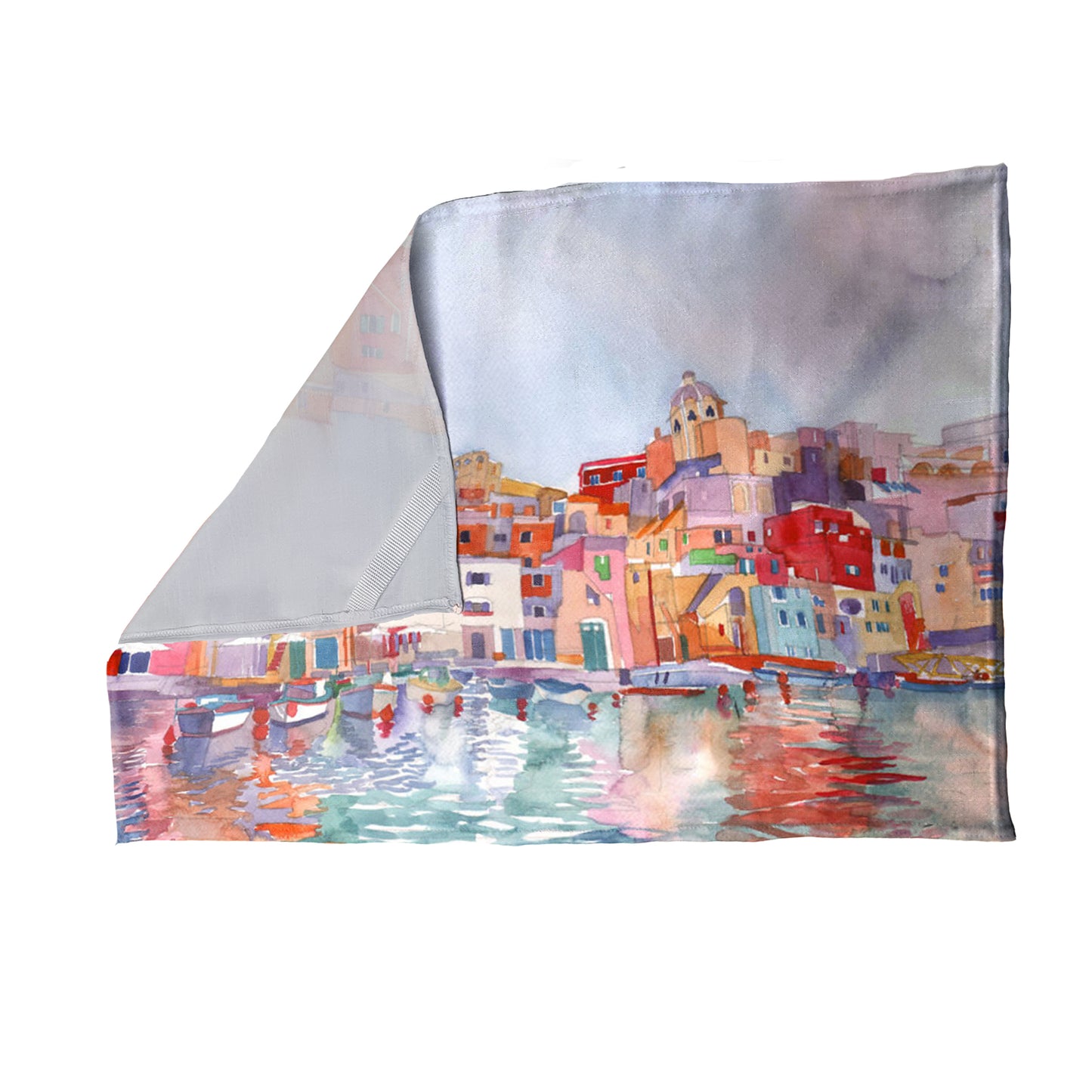 Painted River City Scape Tea Towel