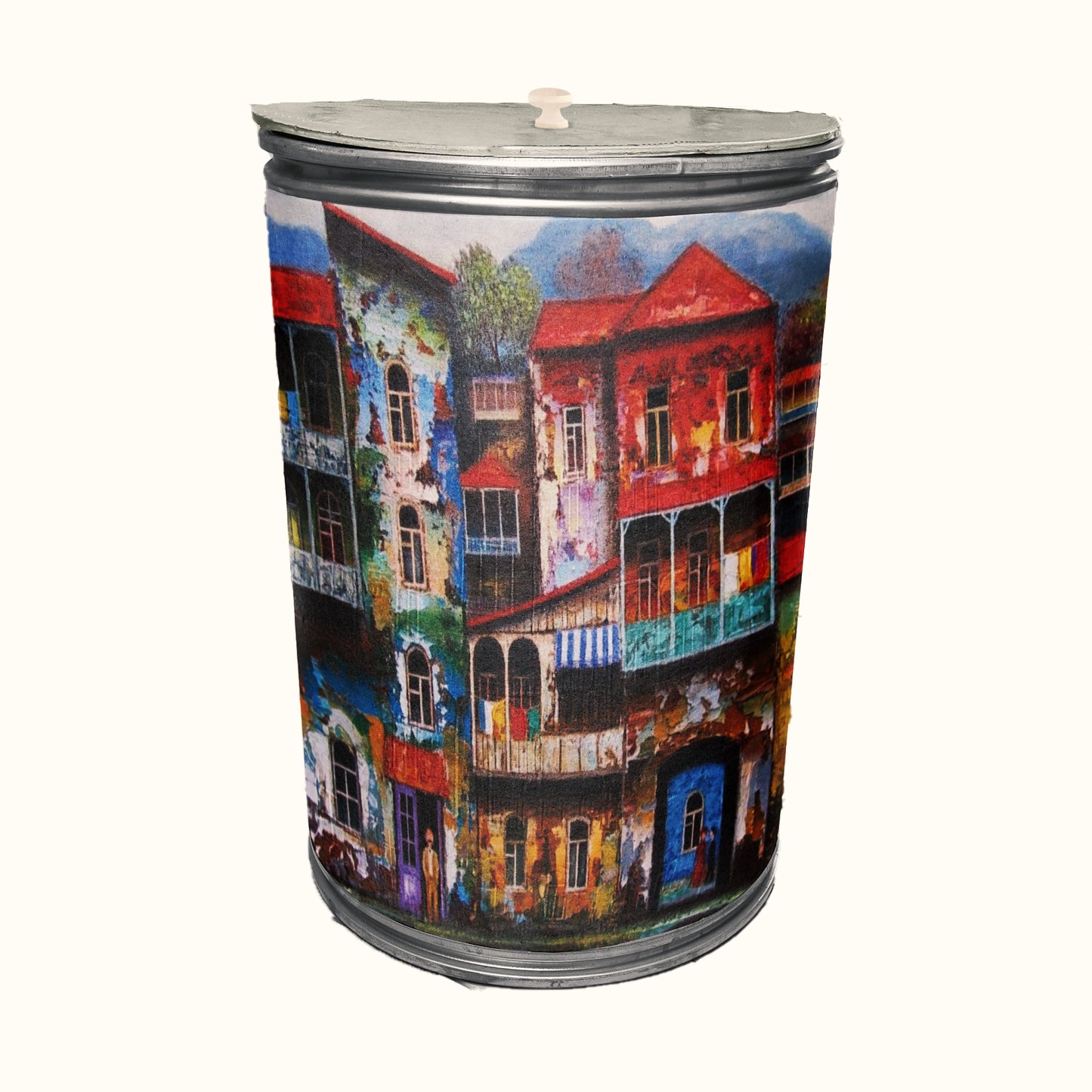 Painted Colourful Houses Decoupage Drum Cover
