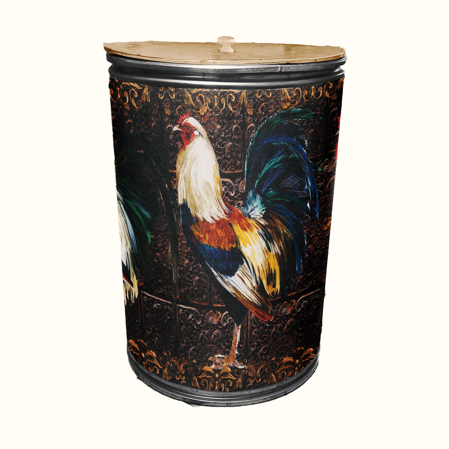 Painted Roosters on Rustic Tiles Decoupage Drum Cover