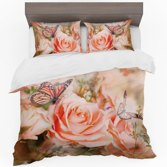 Peach Rose Butterfly Duvet Cover Set