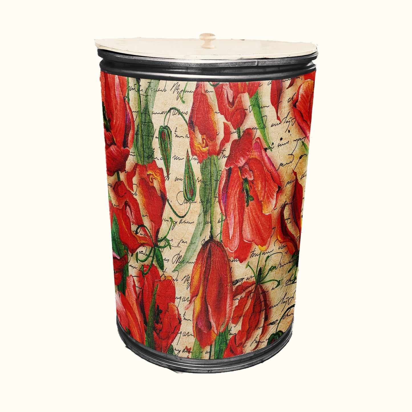 Red Flowers Decoupage Drum Cover