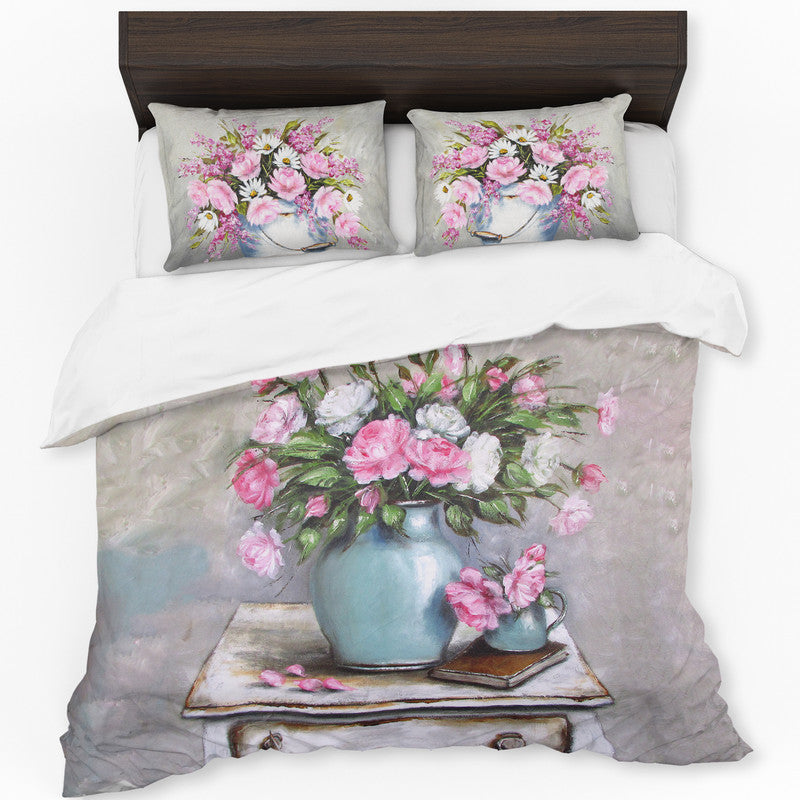 Pink Peonies On Side table By Stella Bruwer Duvet Cover Set