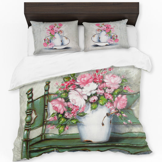 Pink Peonies on a Green Bench By Stella Bruwer Duvet Cover Set