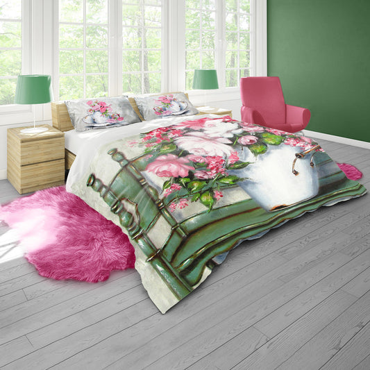 Pink Peonies on a Green Bench By Stella Bruwer Duvet Cover Set