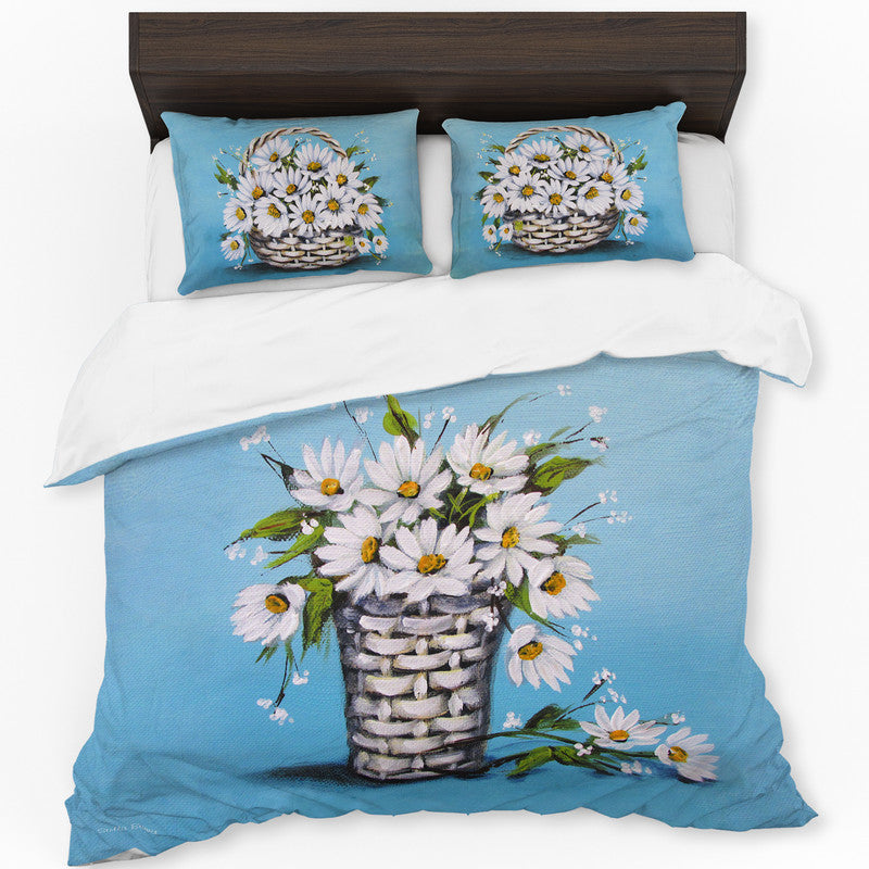 White Daisies on Blue By Stella Bruwer Duvet Cover Set