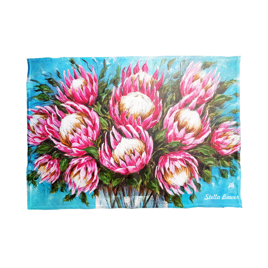 Bright Pink Protea By Stella Bruwer Tea Towel