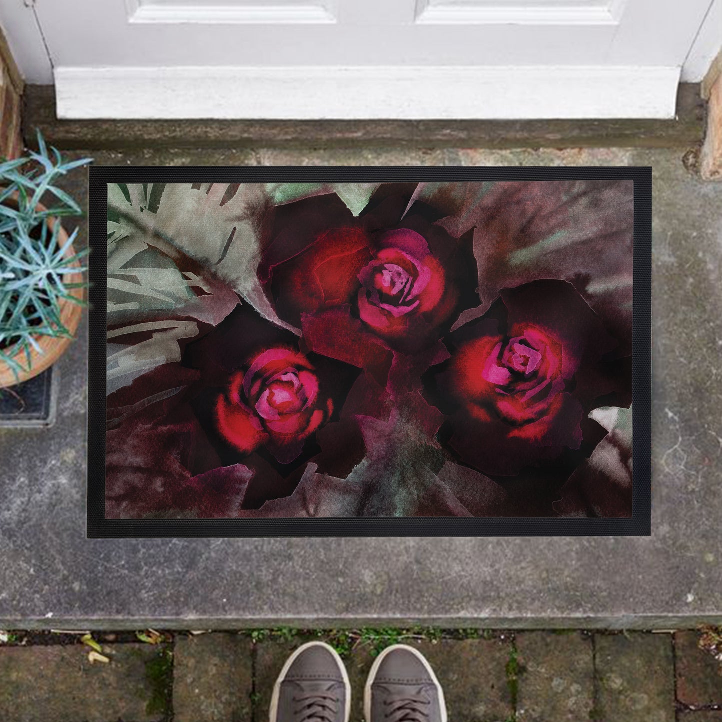 Water Painted Red Floral Door Mat