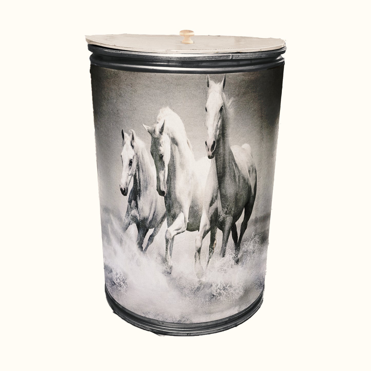 White Horses Decoupage Drum Cover