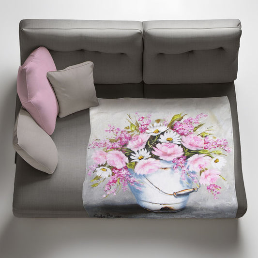 Pink Flowers In a Bucket Light Weight Fleece Blanket By Stella Bruwer