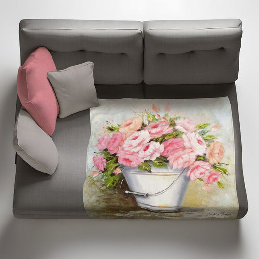 Soft Pink Peonies In a Bucket Light Weight Fleece Blanket By Stella Bruwer