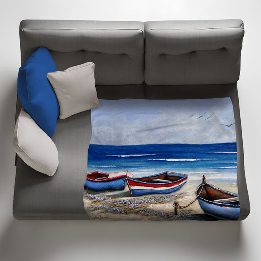 3 Boats on the Shore Light Weight Fleece Blanket By Stella Bruwer