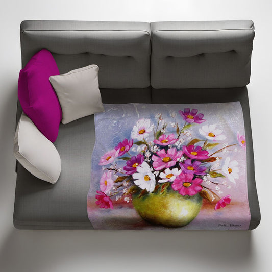 Pink and White Cosmos Light Weight Fleece Blanket By Stella Bruwer