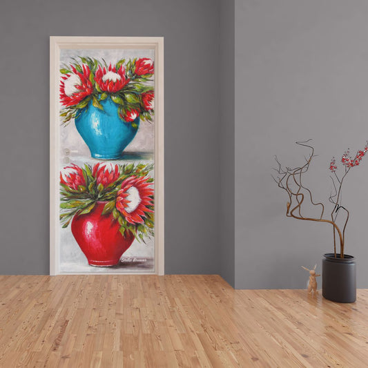 Decoupage - Red and Blue Protea Pot By Stella Bruwer Door