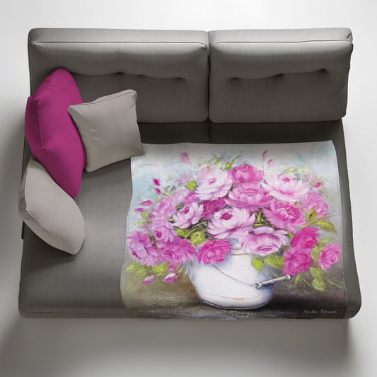 Pink Peonies in a Bucket Light Weight Fleece Blanket By Stella Bruwer