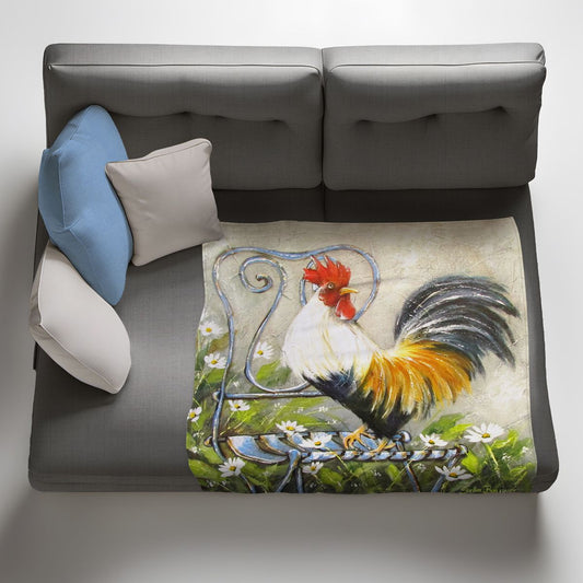 Rooster on a Garden Chair Light Weight Fleece Blanket By Stella Bruwer