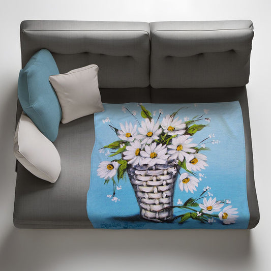 Daisies In a Woven Basket Light Weight Fleece Blanket By Stella Bruwer