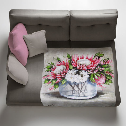 Proteas in a Round Glass Vase Light Weight Fleece Blanket By Stella Bruwer