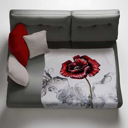 Open Poppy On Grey Light Weight Fleece Blanket By Cherylin Louw