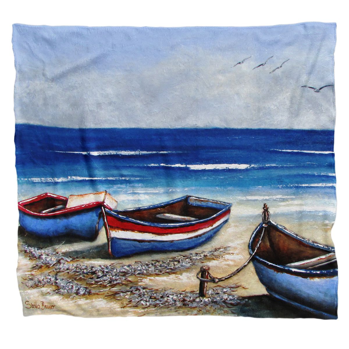 3 Boats on the Shore Light Weight Fleece Blanket By Stella Bruwer