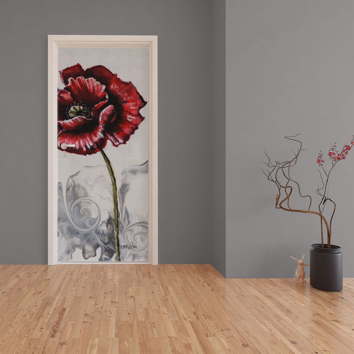 Decoupage - Open Poppy On Grey By Cherylin Louw Door