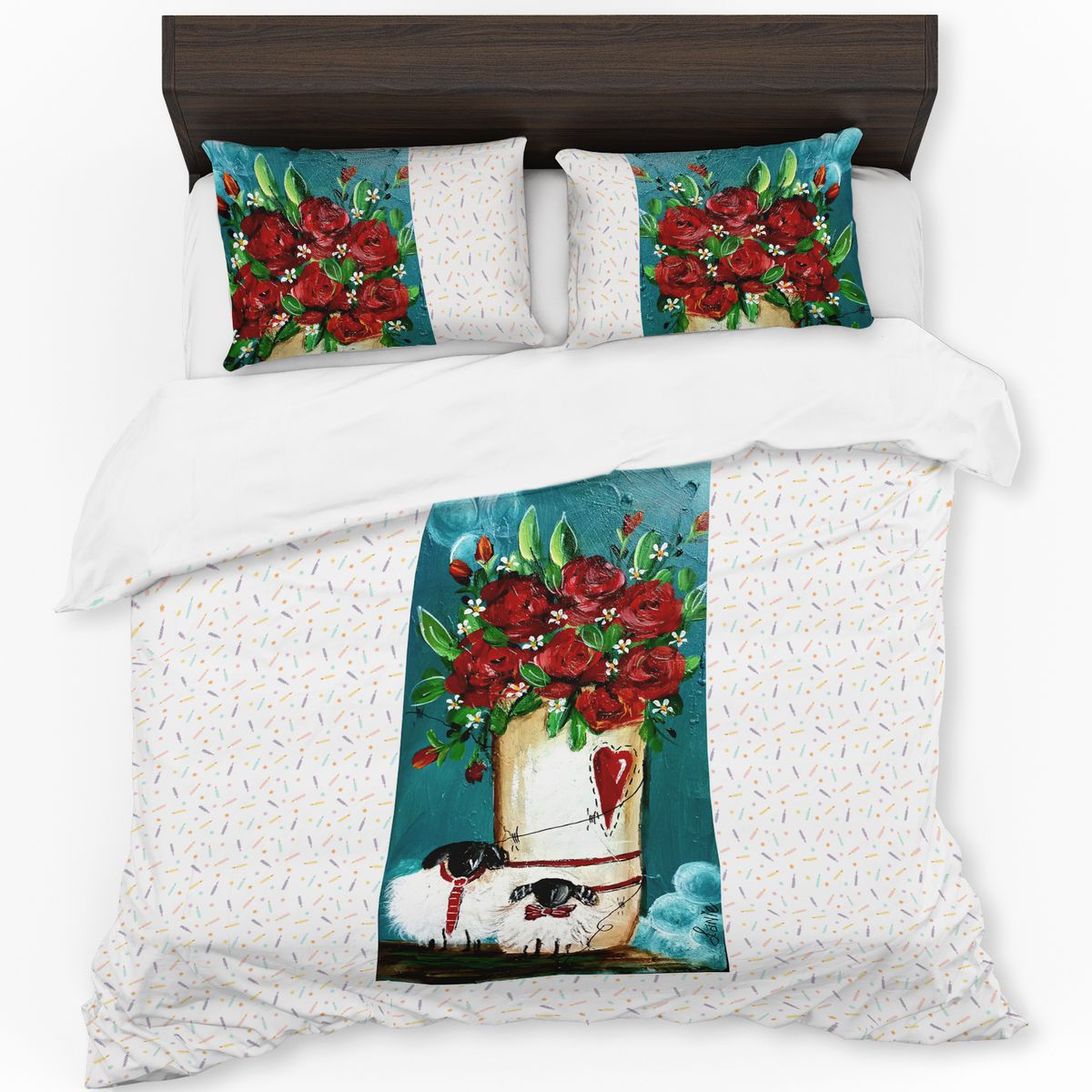 Red Floral Sheep By Lanie's Art Duvet Cover Set
