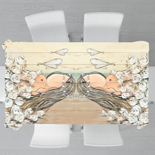 White Floral Rose Lady By Lanie's Art Rectangle Tablecloth