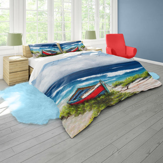 Red Dinghy Boat By Stella Bruwer Duvet Cover Set