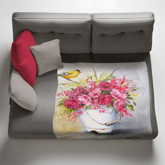 Pink Flower Yellow Bird Light Weight Fleece Blanket By Stella Bruwer